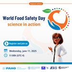 An illustration of a planet with an apple and a hand holding it, accompanied by the figure of a scientist, symbolizing World Food Safety Day.