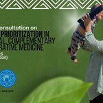 Green banner with white geometric patterns, institutional logos (PAHO/WHO), informative text about the Regional Consultation on Research Prioritization in Traditional, Complementary, and Integrative Medicine, and a woman smiling as she holds up her baby. São Paulo, Brazil, June 11-12, 2025.