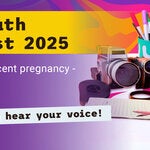 Poster for the Caribbean Youth Voices Contest 2025, September 15–October 3. Theme: ‘What’s the impact of adolescent pregnancy—and the solution?’ Design shows a laptop with silhouettes of a pregnant girl and a boy, surrounded by creative tools like a paint jar, video camera, phone, microphone, and Caribbean mask. PAHO logo at bottom.