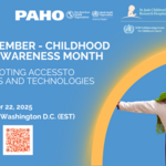 Promotional banner for the "Gold September – Childhood Cancer Awareness Month" webinar titled Promoting Access to Medicines and Technologies, organized by PAHO, St. Jude, and WHO. Scheduled for September 22, 2025, at 08:00 AM EST. Includes registration link and image of a child in a superhero costume.
