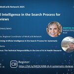 Flyer do webinário MedCarib Network 2025 sobre o uso de Inteligência Artificial em revisões sistemáticas, com Martha Sílvia Martínez Silveira e Francisco Barbosa Júnior, em 18 de setembro. Registro em: https://bit.ly/MEDCARIB-IA-4-systematic-reviews.