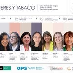 Banner del webinar “Mujeres y Tabaco”, 3 dic 2025 por Zoom; detalles del evento, nombres y logos.