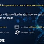 Webinário “BIREME 2026: Lançamentos e novos desenvolvimentos – Webinar #1”. Título: “DeCS 40 anos – Quatro décadas ajudando a organizar o conhecimento em saúde”. Data: 05 de março de 2026. Horário: 11am (Brasília, UTC-3). Idiomas: Português e Espanhol. Link para inscrições: bit.ly/bireme-2026-webinar-01. Fundo azul escuro com elementos gráficos digitais e imagem estilizada de dupla hélice de DNA. Logotipos da OPAS, BIREME, Biblioteca Virtual em Saúde (BVS), DeCS e LILACS na parte inferior.