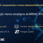 Webinário “BIREME 2026: Lançamentos e novos desenvolvimentos – Webinar #2”. Título: “Redes em ação: marcos estratégicos da BIREME, BVS e RIPSA em março”. Data: 26 de março de 2026. Horário: 11h (Brasília, UTC-3). Idioma: Português e Espanhol. Link para inscrições: https://bit.ly/bireme-2026-webinar-02. Fundo azul escuro com elementos gráficos digitais. Logotipos da OPAS, BIREME, Biblioteca Virtual em Saúde (BVS), DeCS e LILACS na parte inferior. 