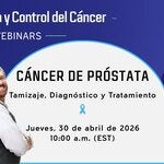 Imagen de dos hombres de mediana edad de brazos cruzados, sonriendo, uno de ellos es afrodesdendiente y el otro caucásico. Al fondo, la información del webinar sobre Cáncer de próstata: tamizaje, diagnóstico y tratamiento que se realiza el 30 de abril