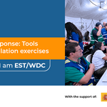 banner con título de webinar:  EMTignite: ''Preparedness for response: Tools and experiences in simulation exercise". Foto de equipo médico de emergencias en un hospital móvil en una mesa de centro de mando 