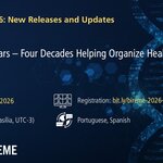 Webinar “BIREME 2026: New Releases and Updates – Webinar #1.” Title: “DeCS 40 Years – Four Decades Helping to Organize Health Knowledge.” Date: March 5, 2026. Time: 11:00 a.m. (Brasília, UTC-3). Languages: Portuguese and Spanish. Registration link: bit.ly/bireme-2026-webinar-01. Dark blue background with digital graphic elements and a stylized DNA double helix image. Logos of PAHO, BIREME, the Virtual Health Library (VHL), DeCS, and LILACS at the bottom.