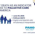 PAHO–IAHPC webinar on palliative care in Latin America, June 30, 2026, 11:00 AM EDT, in English and Spanish, illustrated by silhouettes of a family and including PAHO and IAHPC logos.