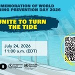 Promotional graphic for a PAHO/WHO webinar on World Drowning Prevention Day 2026, featuring a swimming pool, the slogan “Unite to Turn the Tide,” the date and time (July 24, 2026, 11:00 a.m. EDT), and a QR code for registration.
