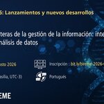 Banner de difusión del Seminario Web #6 de BIREME/OPS/OMS. En un fondo azul oscuro con elementos de ADN y tecnología, presenta el tema "Nuevas fronteras de la gestión de la información: inteligencia artificial y análisis de datos". Informa la fecha (6 de agosto de 2026), la hora (11:00, hora de Brasilia, UTC-3), el idioma (portugués) y el enlace de inscripción bit.ly/bireme-2026-webinar-06. En la parte inferior aparecen los logotipos de la OPS, BIREME, la Biblioteca Virtual en Salud (BVS), DeCS y LILACS.