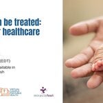 club foot flyer for webinar virtual course launch, showing baby clubfoot and healthcare workers hand