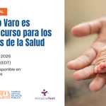 club foot flyer for webinar virtual course launch, showing baby clubfoot and healthcare workers hand