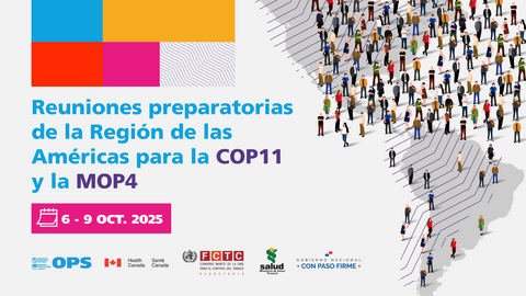 Afiche de las reuniones preparatorias para la COP11 y MOP4 en las Américas, con fecha del 6 al 9 de octubre de 2025, logotipos institucionales y una ilustración de personas sobre un mapa de Sudamérica.