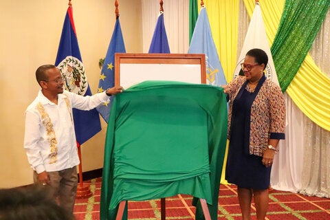 PAHO/WHO Representative in Belize, Dr. Karen Lewis-Bell, and Minister of Health and Wellness, Hon. Kevin Bernard, revealing the cover of the plan.