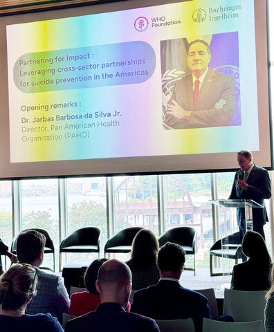 Dr. Jarbas Barbosa speaking at the event: “Partnering for Impact: Leveraging Cross-Sector Partnerships for Suicide Prevention in the Americas,” co-hosted by the WHO Foundation and Boehringer Ingelheim.