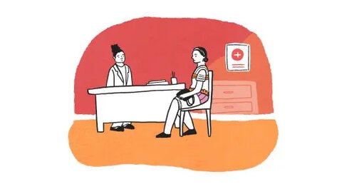 Ilustración que representa un consultorio de salud donde una trabajadora de salud atiende a una mujer