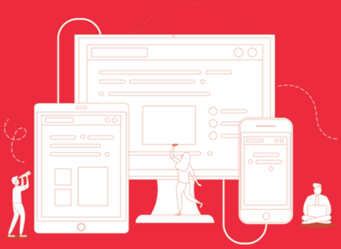 Lineal illustration of a tablet, a mobile phone and a computer monitor with small human figures looking at them