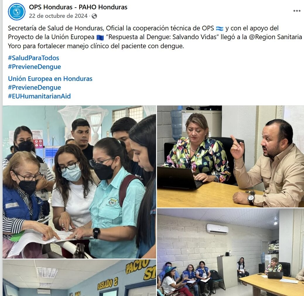 Punlicación sobre capacitación en manejo clínico del dengue en Honduras. Fotos:Personas en salón en discusión de trabajo. Personas en centro de salud observando libro de listado.