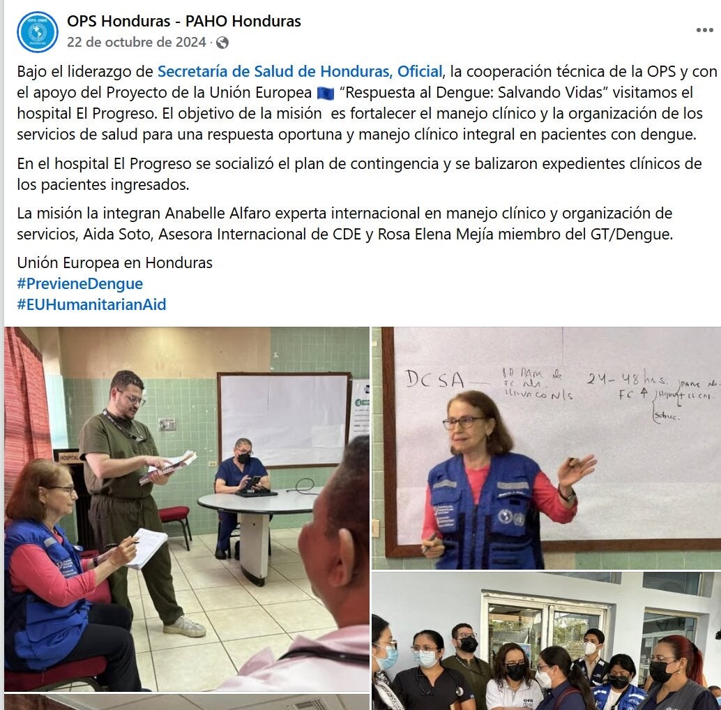 Post sobre visita a hospital para fortalecer manejo clínico del dengue. Mujer con chaleco azul con logo de OPS se ve dando explicaciones a grupo de personas en el hospital