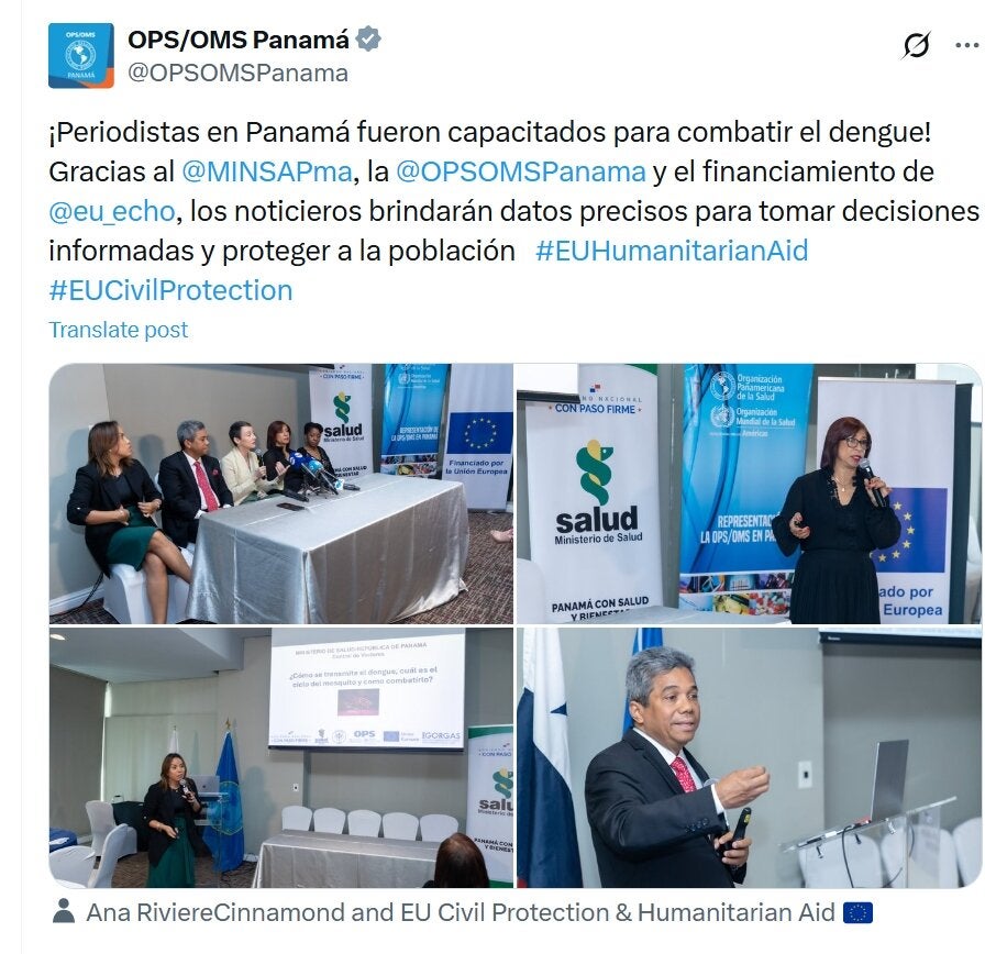 Post sobre capacitación a periodistas sobre dengue, en Panamá. Mesa directiva y personas hablando con micrófono