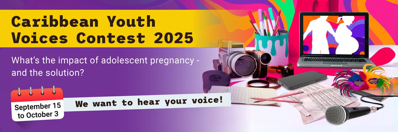 Poster for the Caribbean Youth Voices Contest 2025, September 15–October 3. Theme: ‘What’s the impact of adolescent pregnancy—and the solution?’ Design shows a laptop with silhouettes of a pregnant girl and a boy, surrounded by creative tools like a paint jar, video camera, phone, microphone, and Caribbean mask. PAHO logo at bottom.