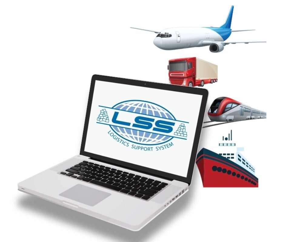 Laptop with the LSS System logo visible on the screen. Various modes of transportation can be seen in the background.