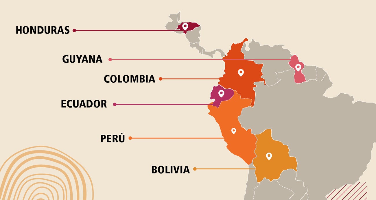 Imagen del mapa de LATAM donde se resaltan los seis países del proyecto