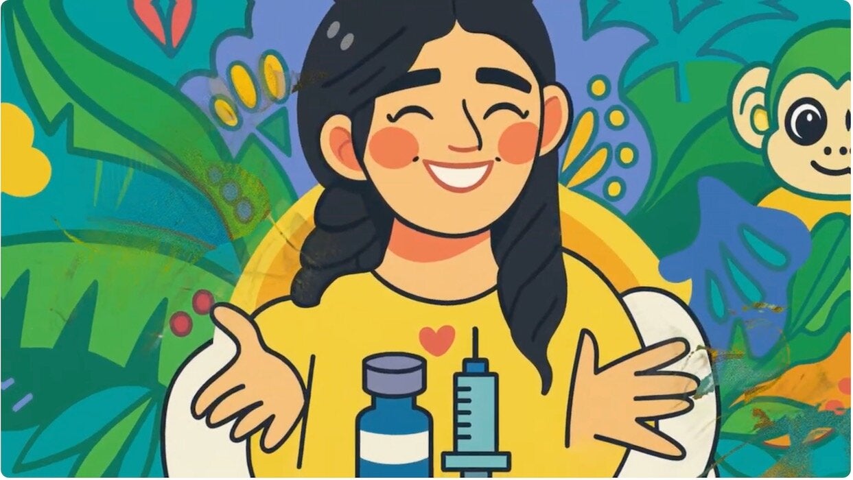 Persona en caricatura feliz con vacunacion