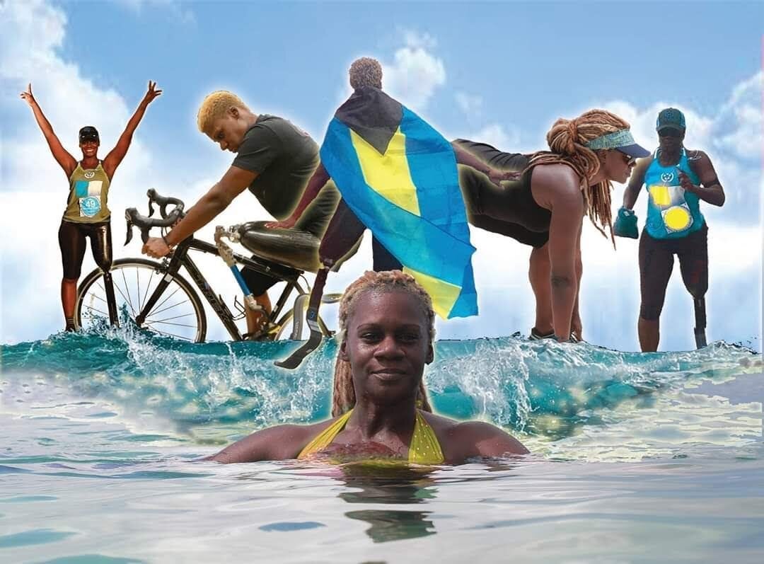 Photo collage of different scenes of an atletic woman with a prosthetic leg, from left to right: standing with her arms up in signal of victory, biking, with a Bahamian flag on her back, bended forward about to start running and running. At the bottom in the middle, her face smiling with a backdrop of sea waves