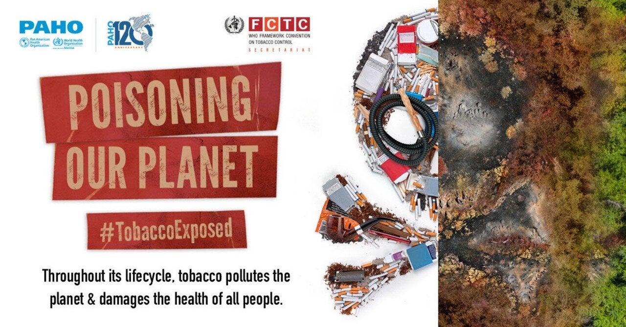 Banner World No Tobacco Day, showing the slogan "Poisoning our planet" and the illustration of two tibias and a skull composed by images of tobacco products waste on the left and a burnt forest on the right