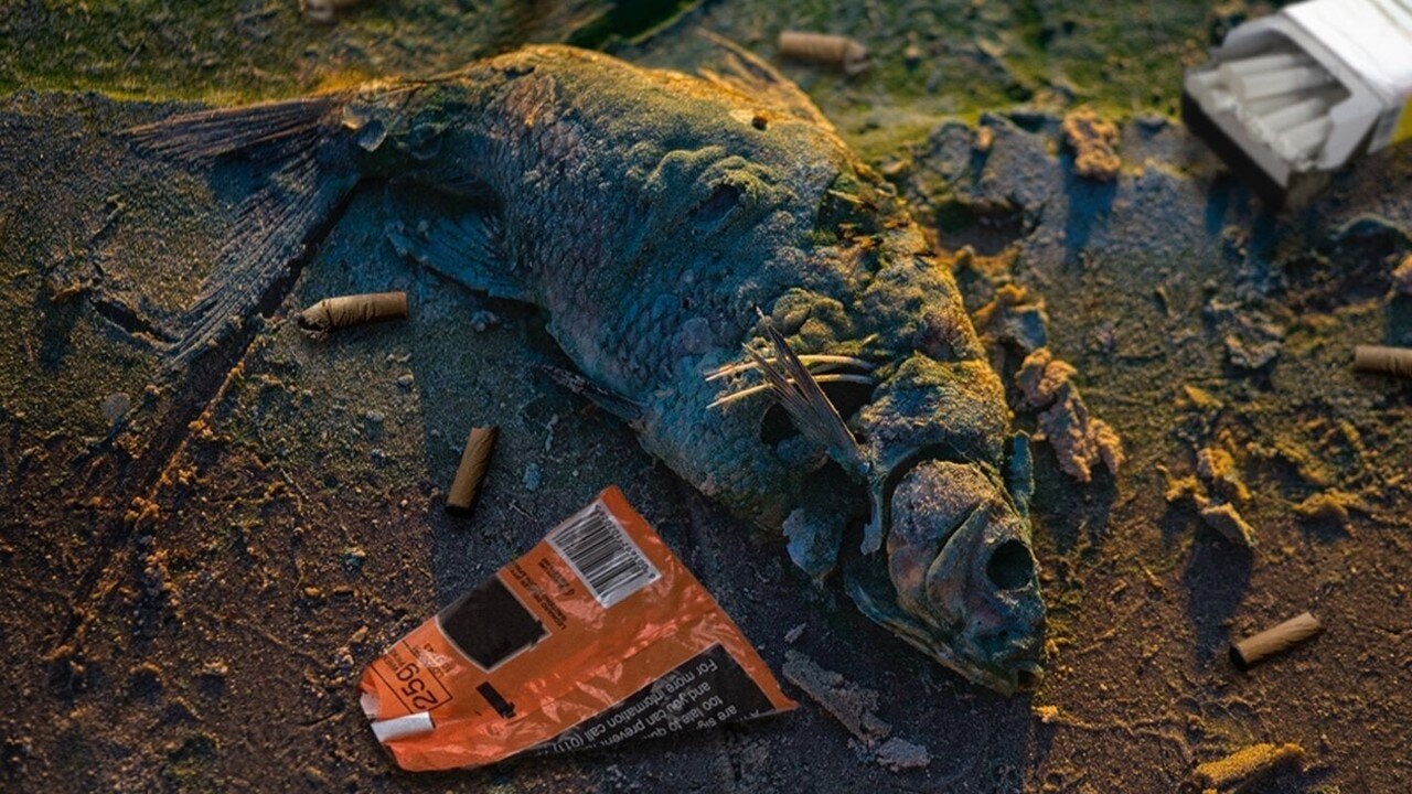 Fotografía de un pez muerto rodeado de colillas y paquetes de cigarrillos, sobre la arena de una playa