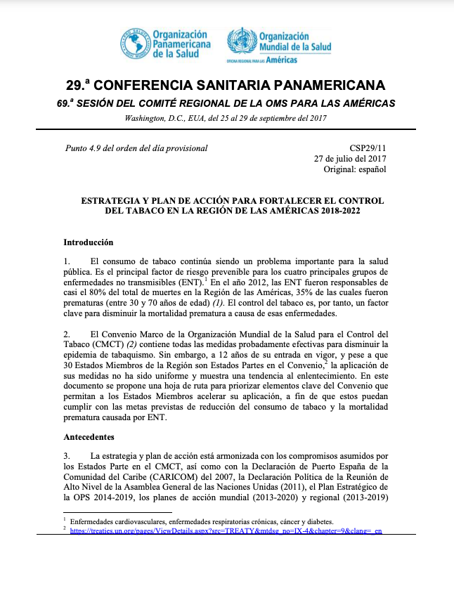 Cover de la Estrategia y Plan de Acción para fortalecer el control del tabaco en la Región de las Américas 2018-2022 (Resolución CSP29.R12)