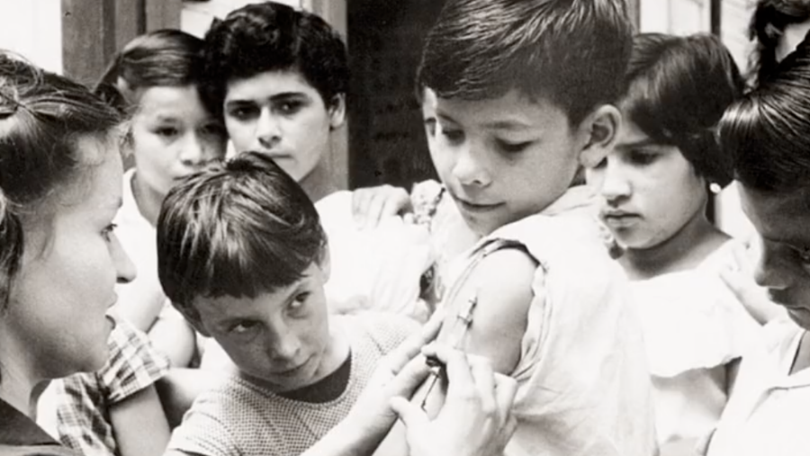 children being immunized, black and white picture