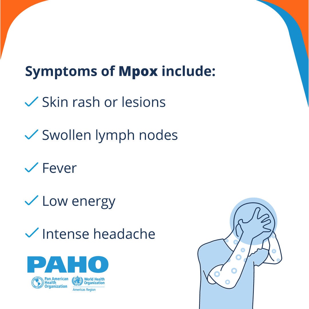 Symptoms of mpox include: skin rash or lesions; swollen lymph nodes;  fever; low energy; intense headache. 
