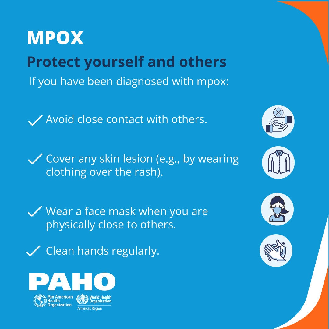 Protect yourself and others. If you have been diagnosed with mpox: avoid close contact with others; cover any skin lesion (e.g., by wearing clothing over the rash); wear a face mask when you are physically close to others; clean hands regularly.