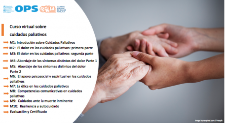 Portada de Curso Virtual sobre Fundamentos de los Cuidados Paliativos . Fotografía de cuatro manos de dos personas enlazadas, y a la izquierda el título del curso y la enumeración de los módulos, bajo el logo de OPS