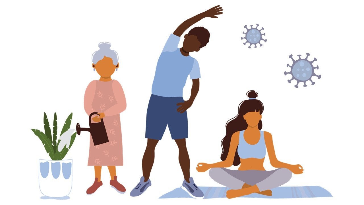 Ilustración que muestra a personas de diferentes edades haciendo ejercicio, meditando y regando flores