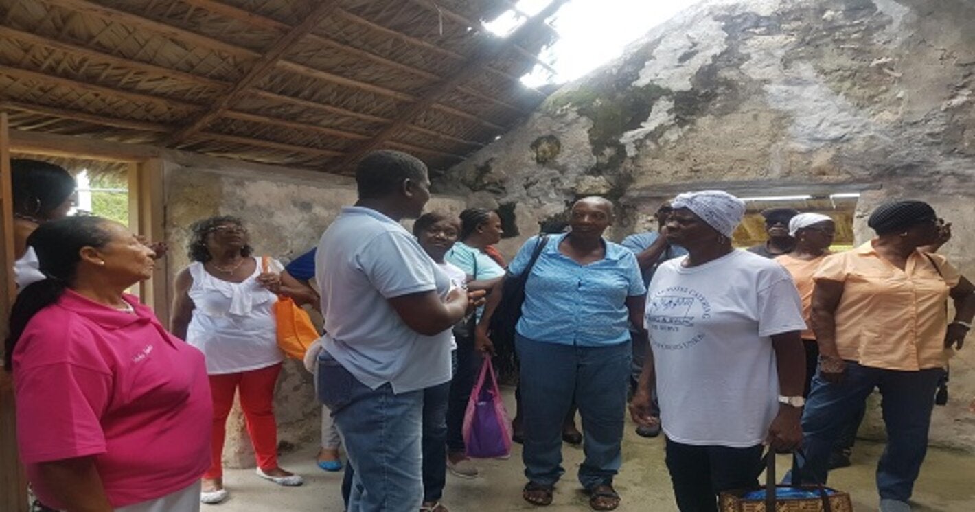 Elderly residents tour a slave ruin during their wellness walk.