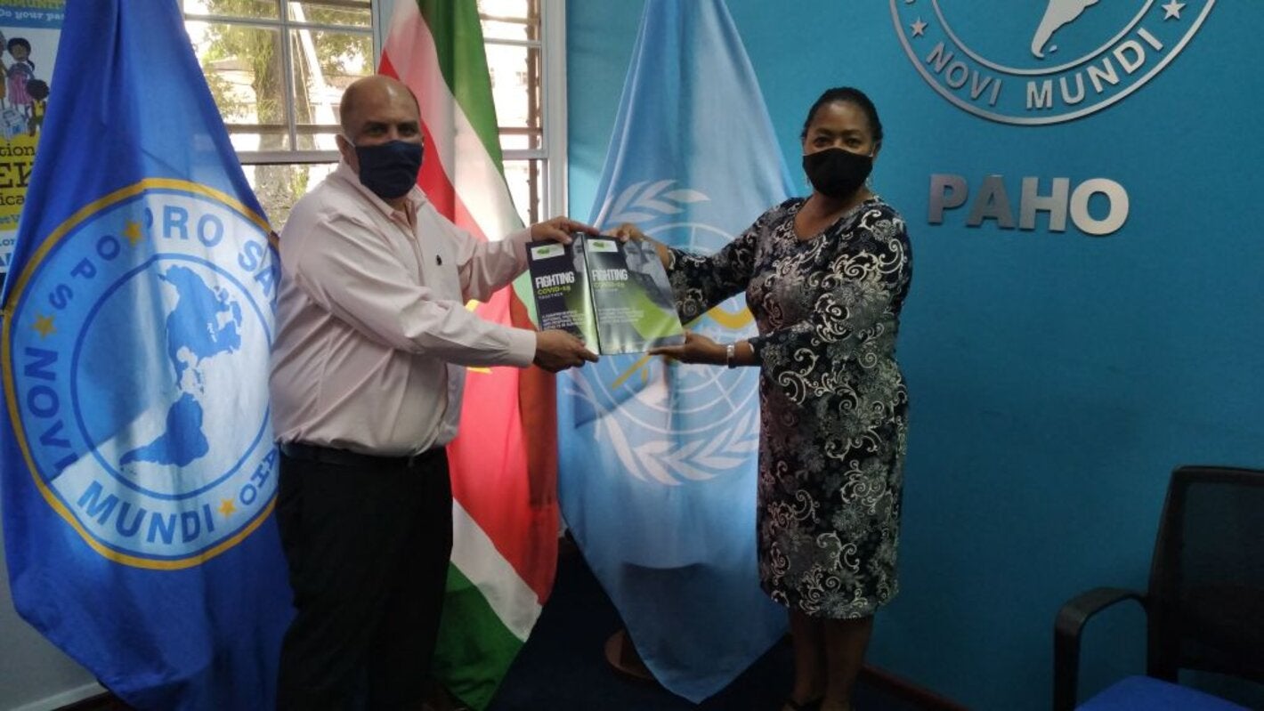 The Minister of Health, Antoine Elias officially handed over the "Final National COVID-19 Preparedness and Response Plan" and "Final Comprehensive Need Lists Preparedness and Response for COVID-19" to PAHO/WHO Representative Dr. Karen Lewis-Bell on 25 June 2020. 