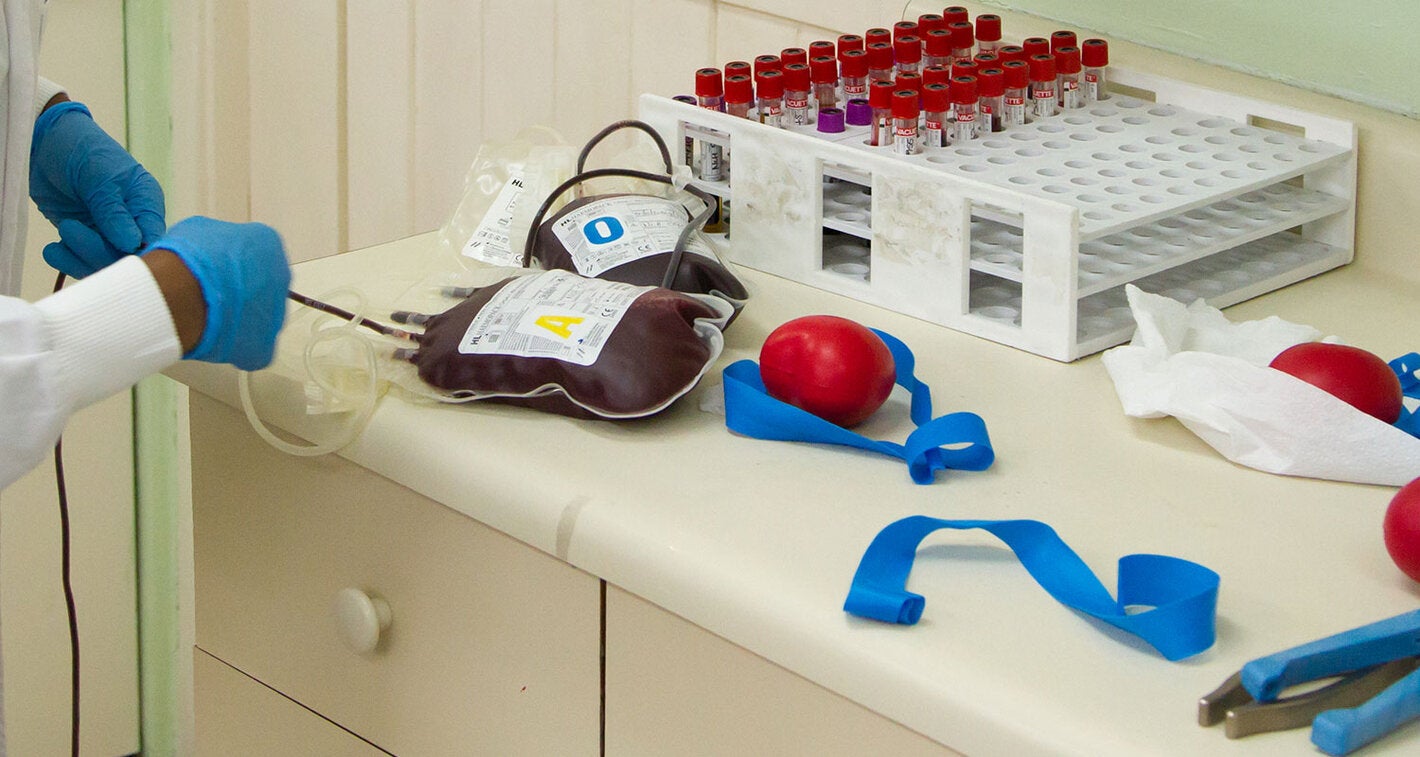 Manipulación de una bolsa de sangre y tubos de muestras