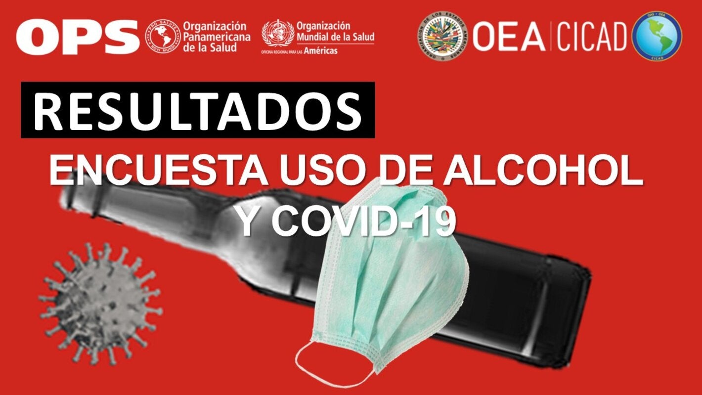 Ilustración que muestra sobre un fondo rojo las imagenes en gris de un coronavirus y una botella de cerveza, sobre la que hay un cubrebocas verdoso. tiene el título del seminario: REsultados de la encuesta Uso de alcohol y COVID-19