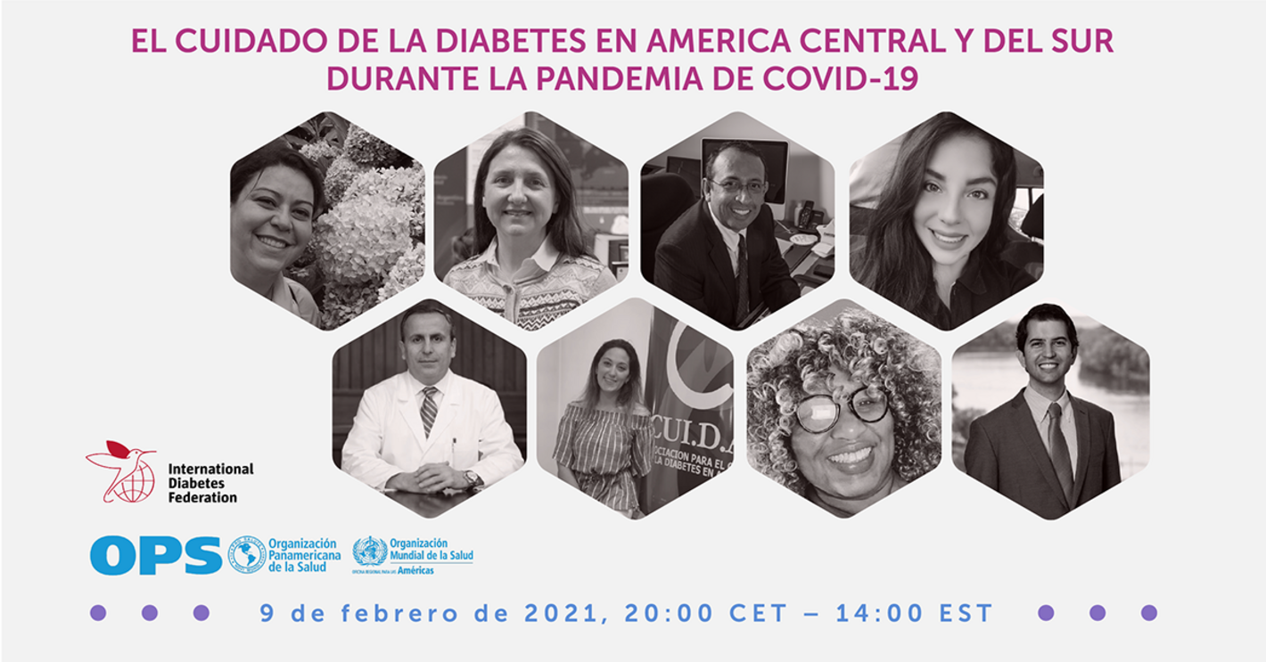 Ilustración que muestra el título del seminario y los rostros de los ponentes, cada unodentro de un hexágono. Incluye los logos de OPS y de la Federación Internacional de Diabetes