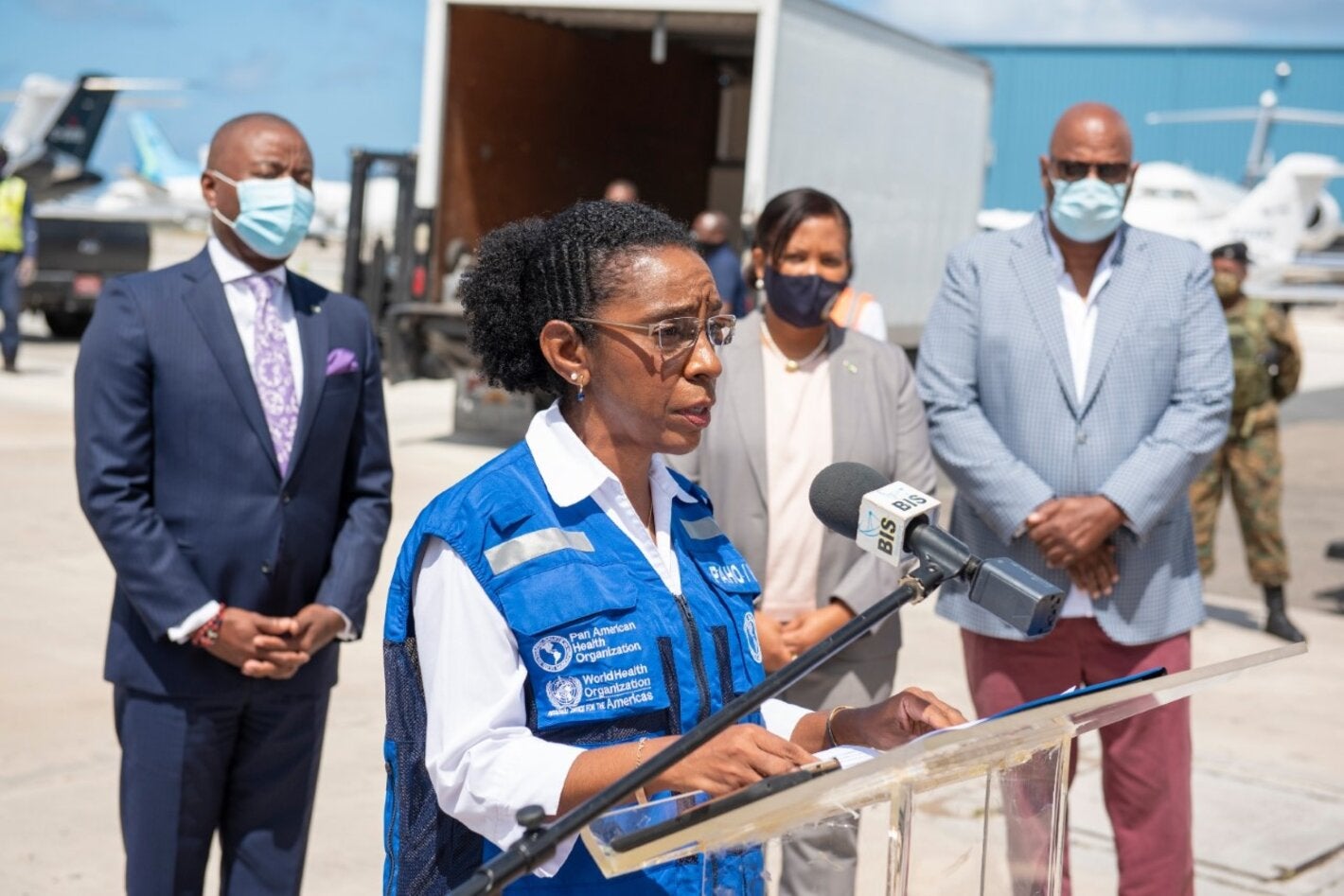Dr Eldonna Boisson, PAHO-WHO The Bahamas and Turks and Caicos Islands Country Representative, gives remarks during the vaccine arrival ceremony