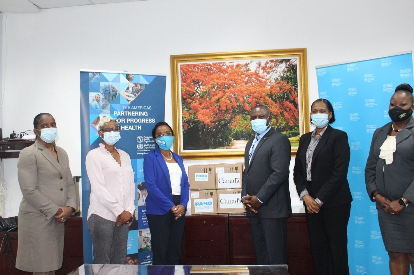 Officials from PAHO-WHO and the Ministry of Health pose with donations 