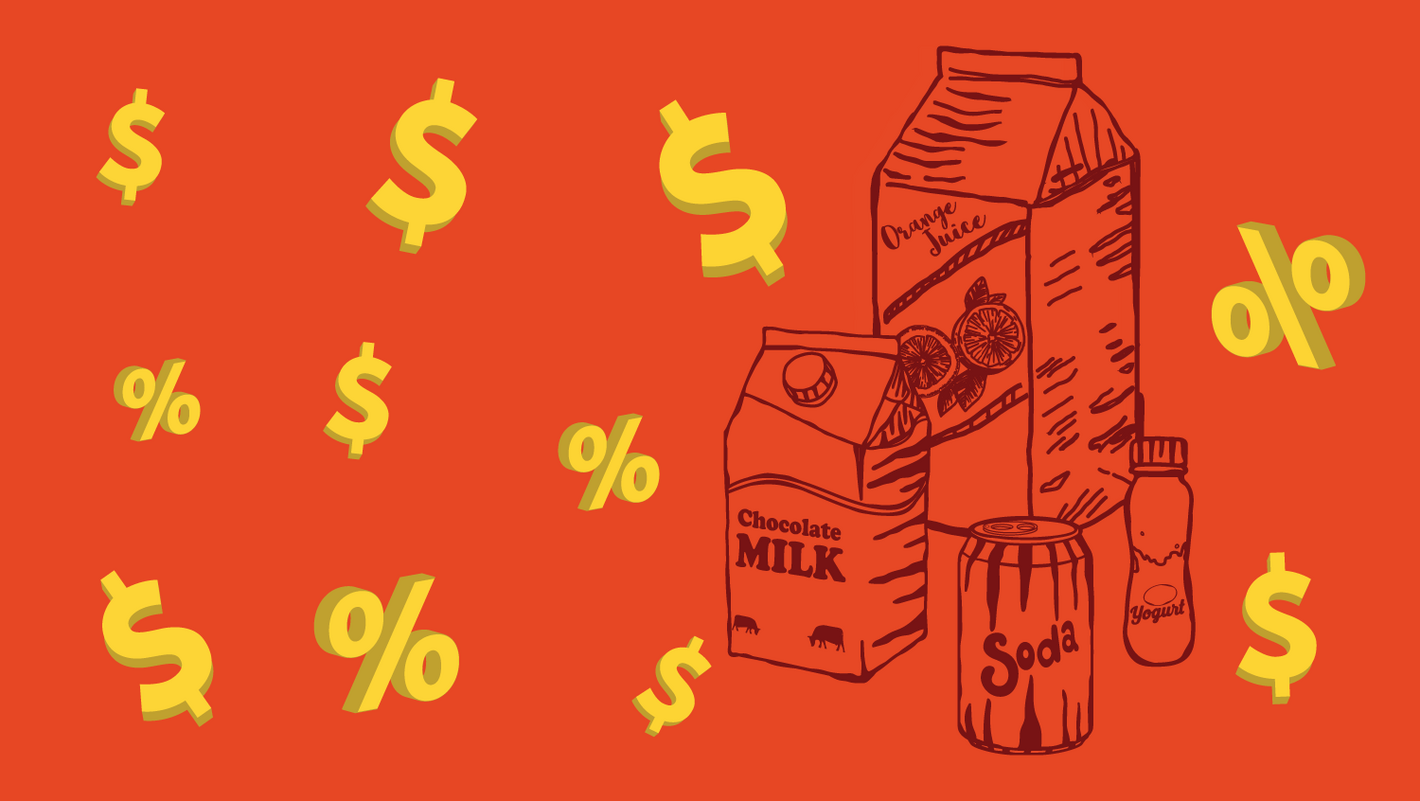 Illustration showing a rain of $ yellow signs and lineal drawings of packaged drinks (soda, chocolate milk, yougurt, juice) in a red background