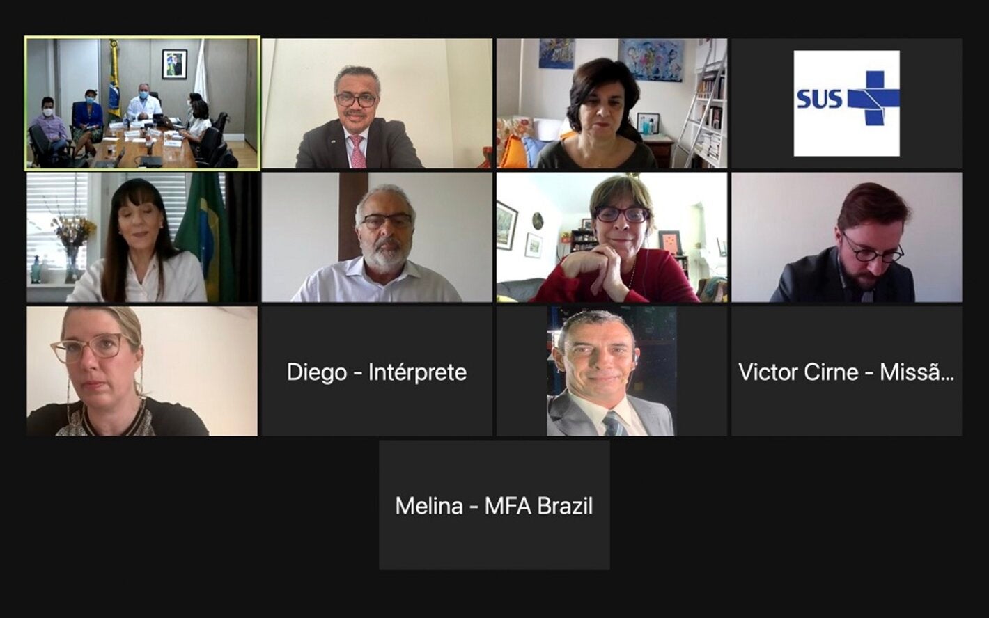 Reunião virtual do diretor da OMS, Tedros Adhanom Ghebreyesus, com o ministro da Saúde, Marcelo Queiroga, e a representante da OPAS e da OMS no Brasil, Socorro Gross