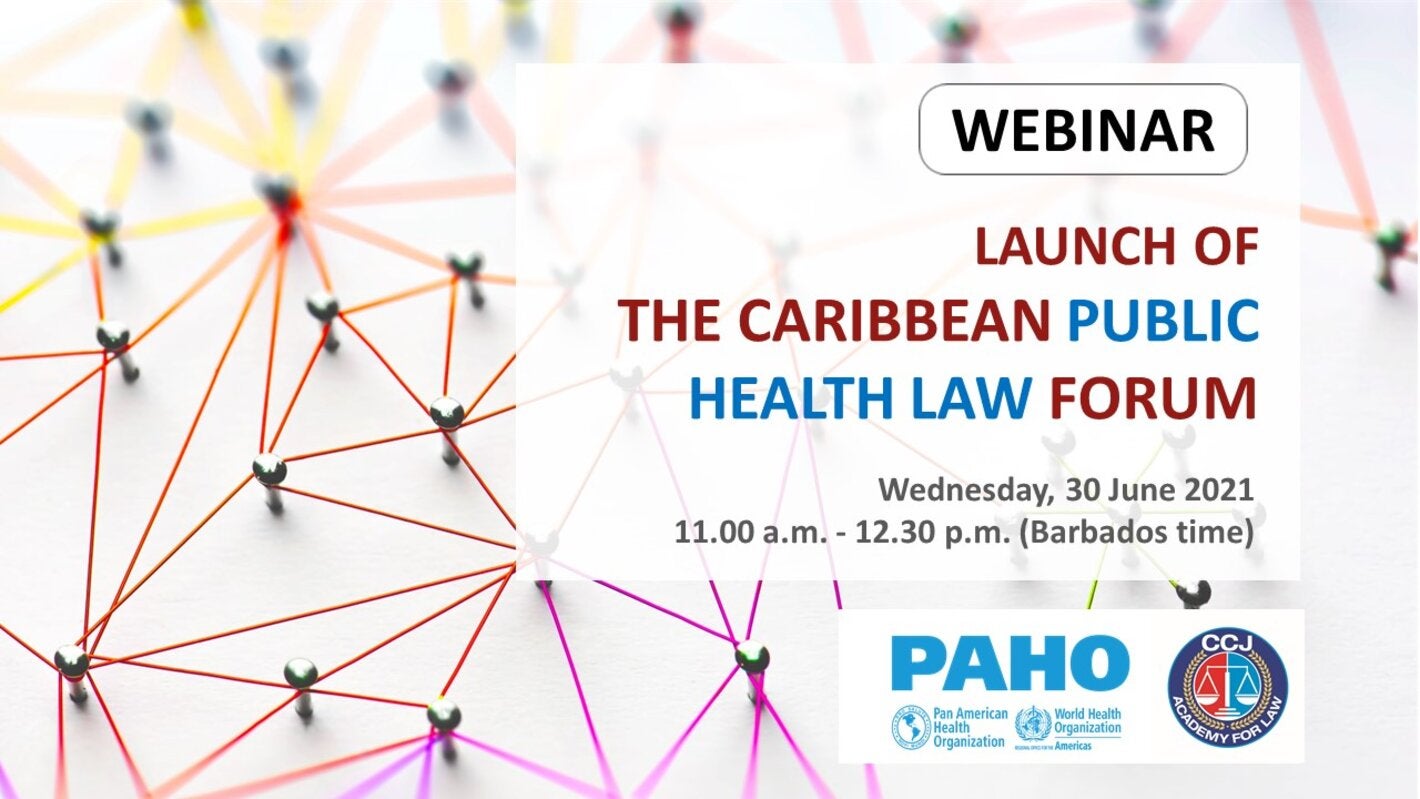 Card with the title of the event, date and time, over a background of an illustration of pins linked by colourful threads. At the bottom, PAHO and the Academy for Law logos