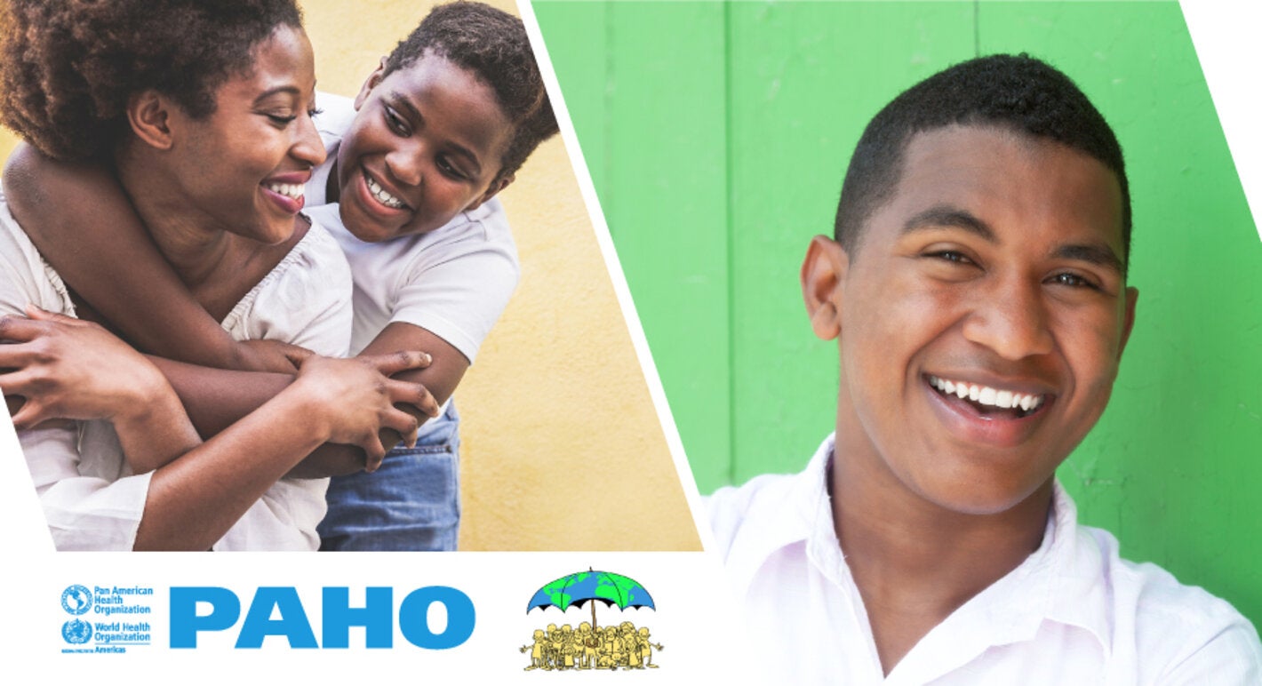Double photo: on the left, two women hug each other and smile. on the right, close up of a young boy smiling, over a green background