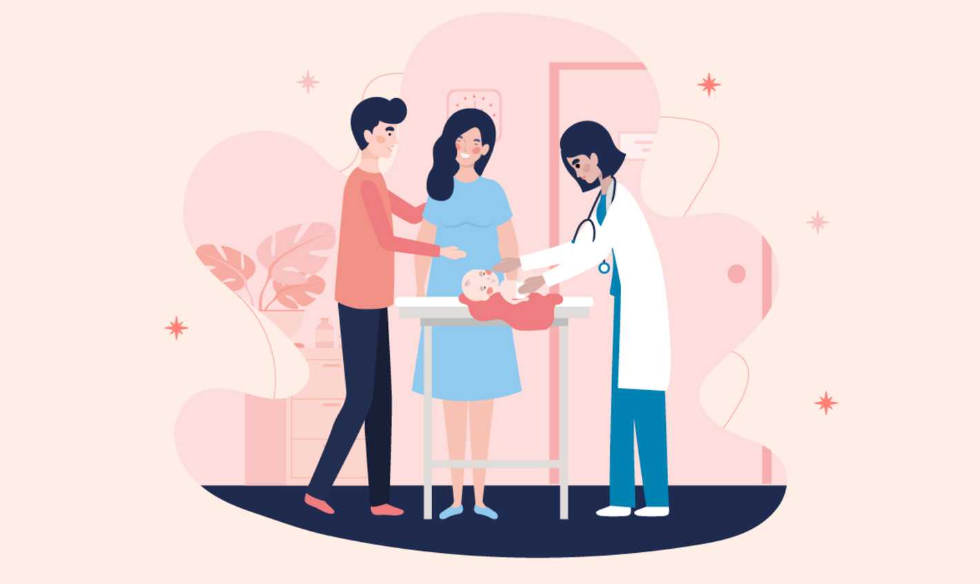 Familia visita al médico con el recién nacido