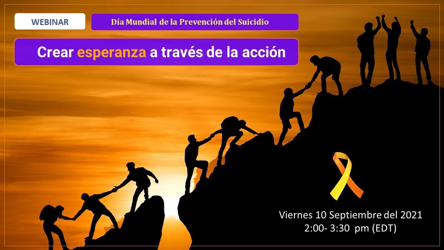 Siluetas negras de 10 personas caminando por una montaña, ayudándose mutuamente a escalar. Están sobre un fondo de una puesta de sol anaranjada. El título, la fecha y la hora del seminario web aparecen sobre la imagen.